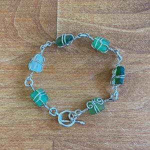 Sterling Silver Green Sea Glass Wire-Wrapped Bracelet